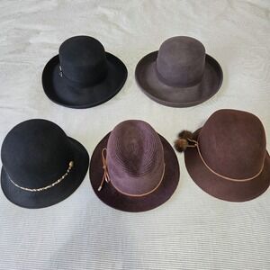 Lot of 5 August Womens 100% Wool Hats Cloche Fedora Wide Brim Black Brown Plum
